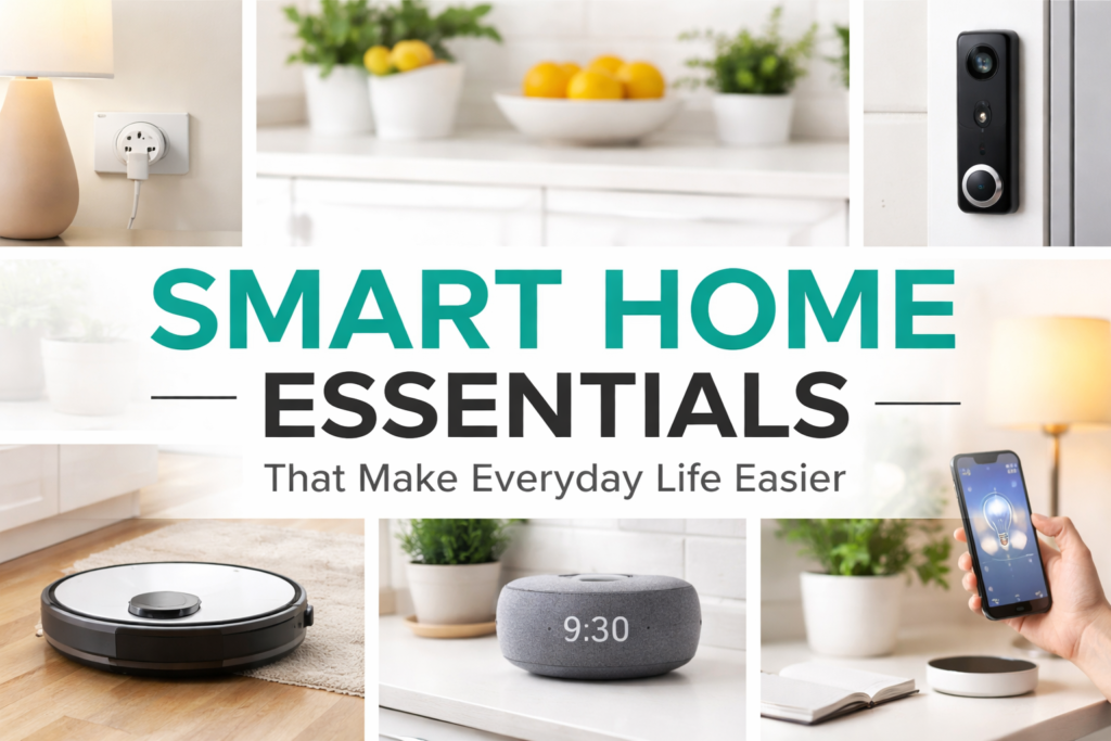 A curated collection of smart home essentials including a robot vacuum, smart speaker, and smart lighting.