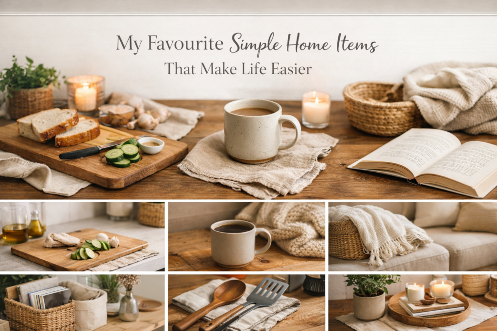 simple home favourites arranged in a cozy, neutral living space