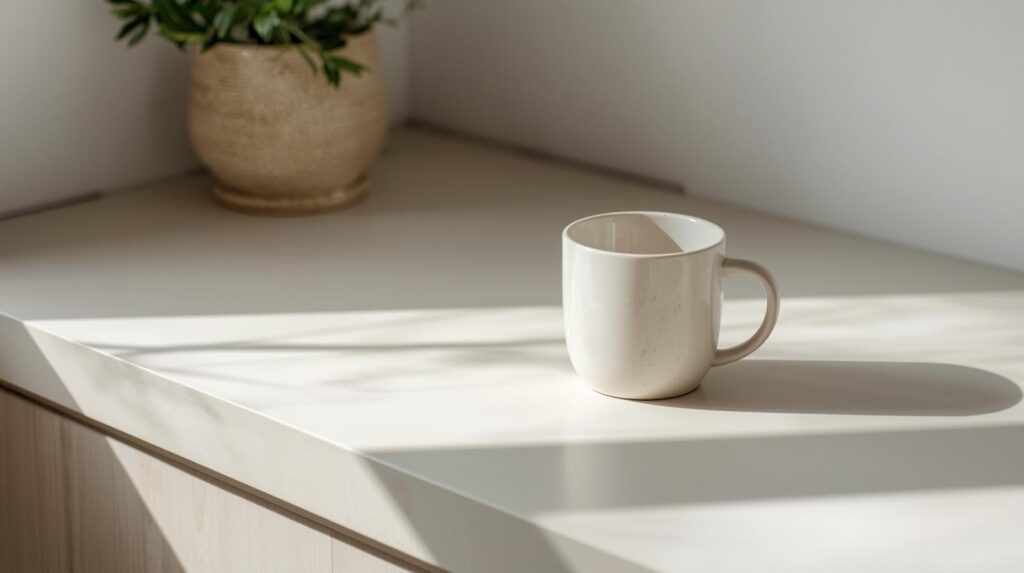 neutral ceramic mug on a light surface in a cozy home setting