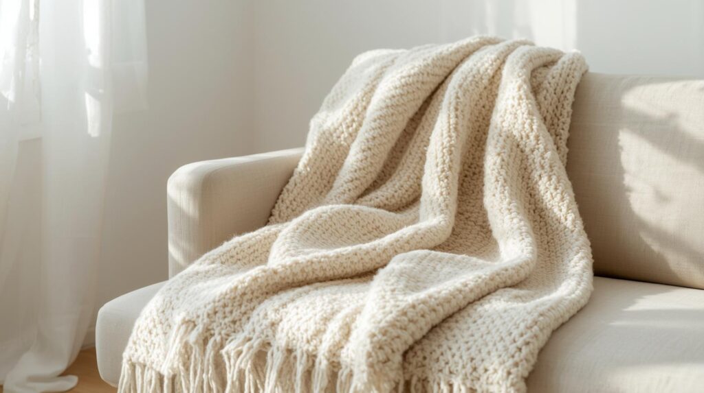 soft neutral throw blanket draped over a sofa for cozy living
