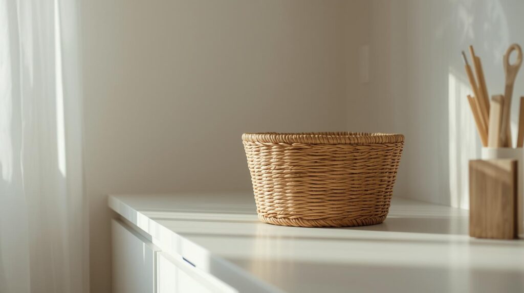 woven storage basket used for organizing everyday home items