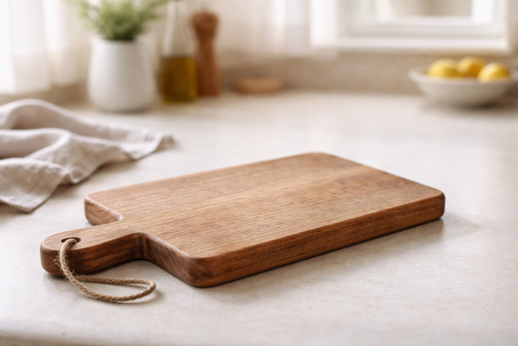 wooden cutting board with fresh ingredients in a simple kitchen