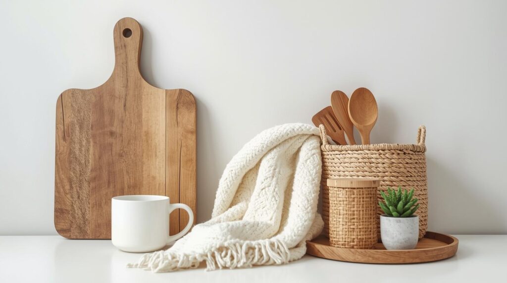 simple wooden kitchen utensils on a clean countertop