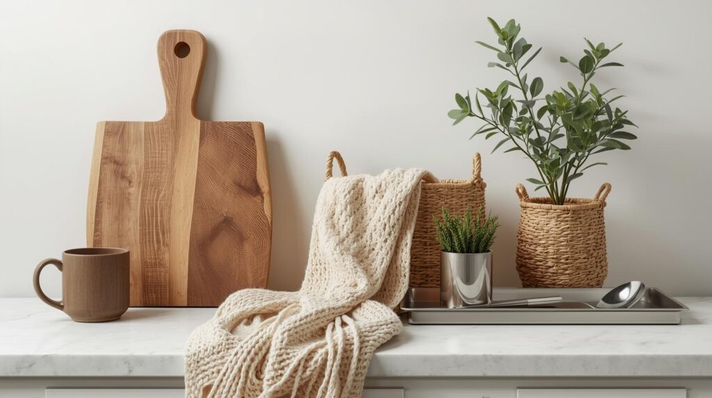 small indoor plant and tray styled in a calm, minimalist home