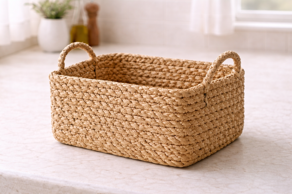 woven storage basket for organizing blankets in a bright living room.