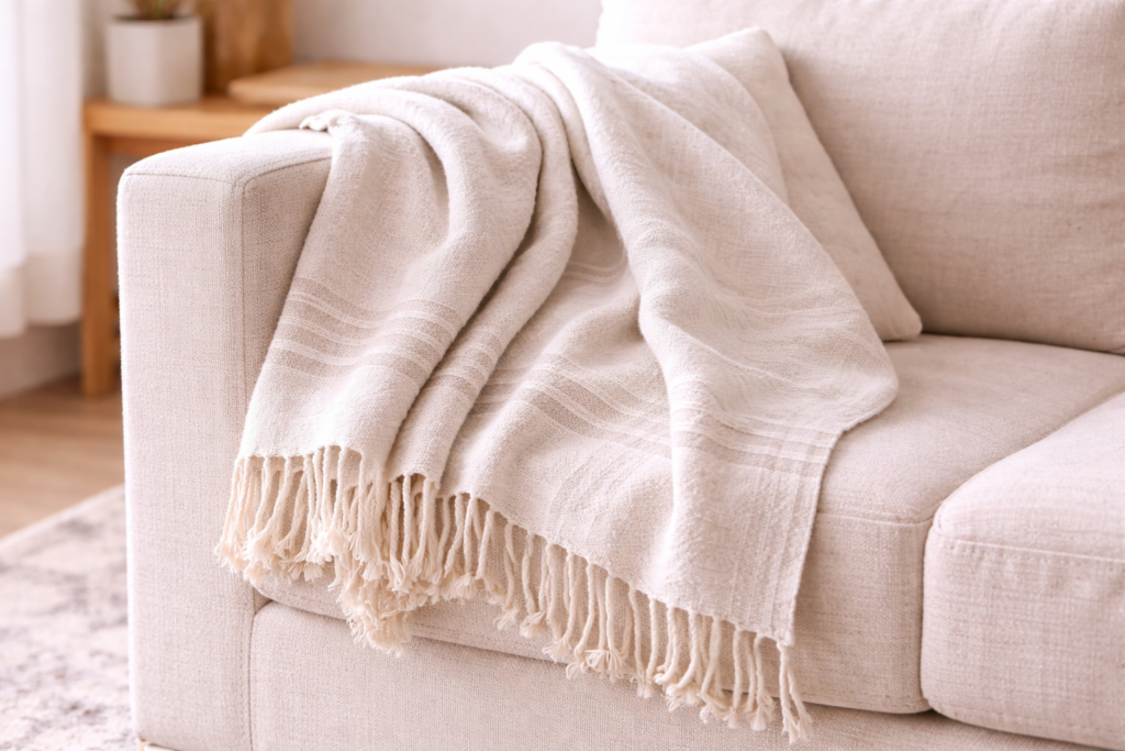 lightweight neutral throw blanket styled on a bed for a spring refresh.