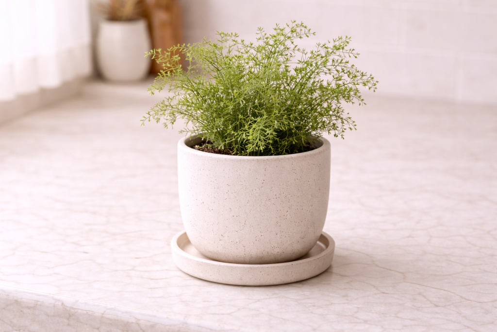 small indoor plant in a neutral pot on a bright windowsill.