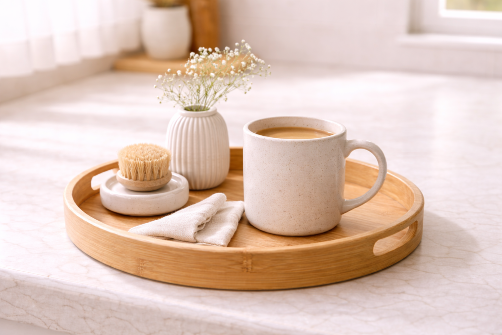simple ceramic mug on a wooden tray in a sunlit kitchen.