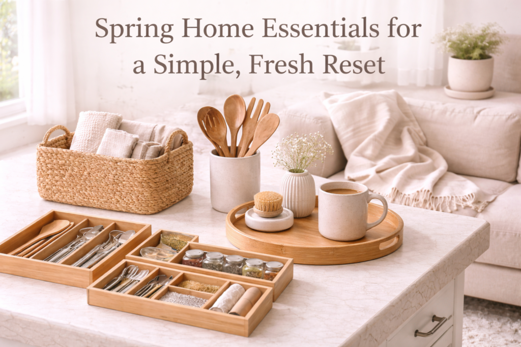 spring home essentials flat lay with basket, mug, tray, drawer organizers, blanket and plant
